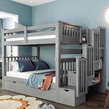 MERITLINE Solid Wood Bunk Bed with Staircase Storage, Full Over Full Bunk Bed with Drawers for Kids, Teens & Adults, Space Saving Design (Gray) MERITLINE