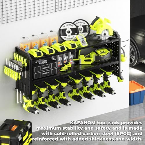 KAFAHOM Power Tool Organizer，Large 8 Drill Holder Wall Mount with 2 Side Pegboards,Metal Tool Shelf with 12 Hooks，Storage Rack for Garage KAFAHOM