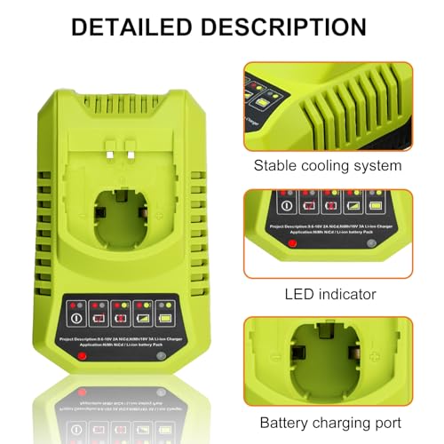 Upgraded 6000mAh P102 & P117 Charger Replacement for Ryobi 18V Battery and Charger Combo Compatible with Ryobi 18V Battery P102 P103 P104 P105 P107 P108 P109 P190(Green) TOPBATT