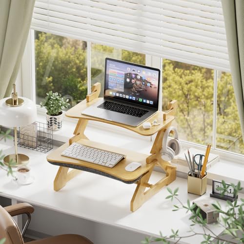 Amazer Standing Desk Converter, 22 inch Bamboo Small Sit Stand Up Desk Riser with Lap Desk Computer Desktop Desk Converter for Monitor and Laptop with Keyboard Tray Amazer