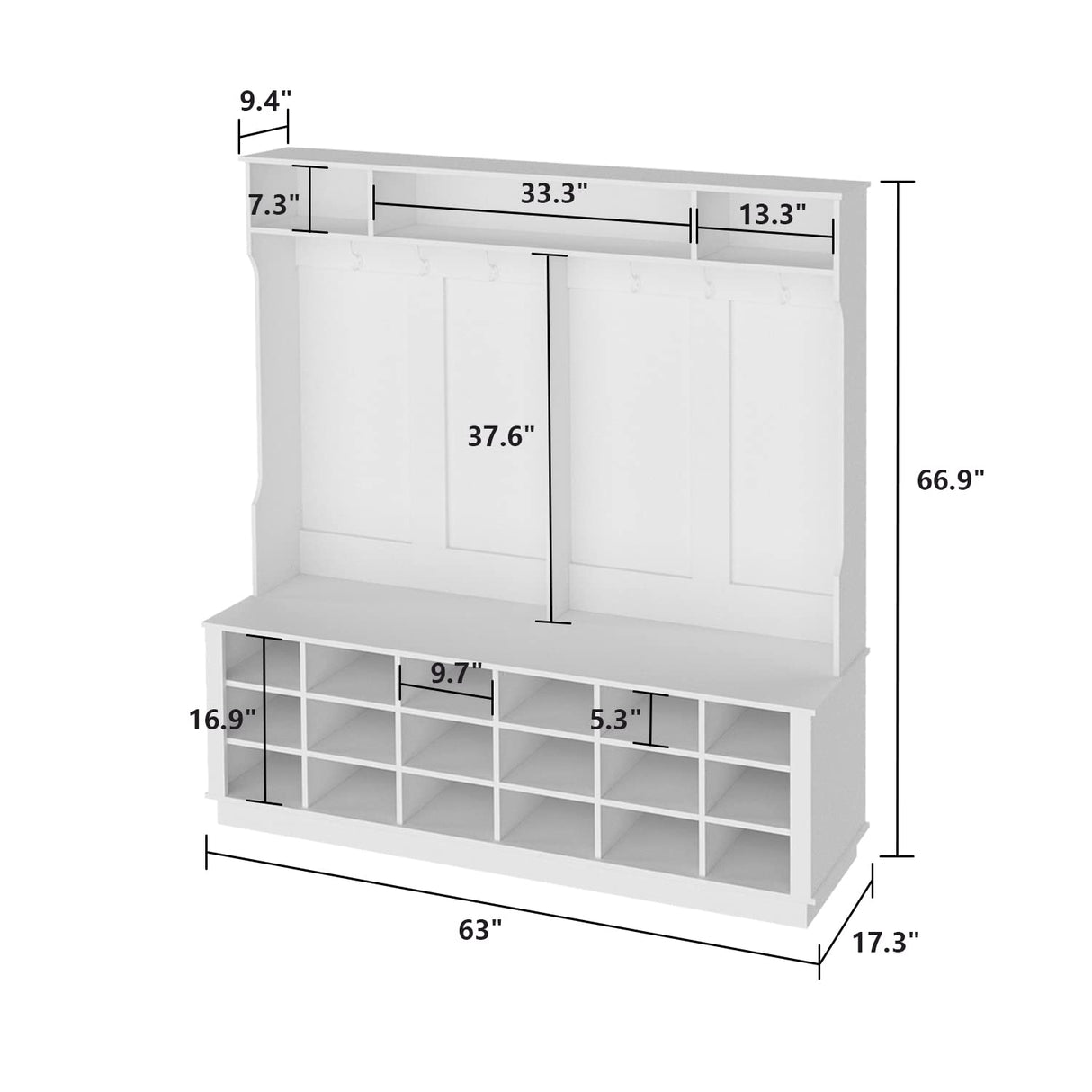 AIEGLE Large 3-in-1 Entryway Hall Tree with Shoe Bench and Coat Rack with 18 Shoe Storage Cube and 6 Hanging Hooks, White (63" L x 17.3" W x 66.9" H) AIEGLE