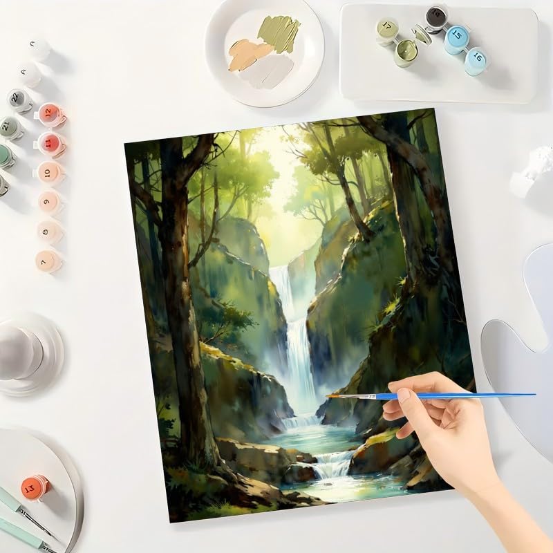 Waterfall Landscape Paint by Numbers Kit for Adults - DIY Waterfall in Green Forest Pathway Painting on Canvas 16x20 Inches, Acrylic Paint Set, Art for Home Decoration or Gifts DecorFriday