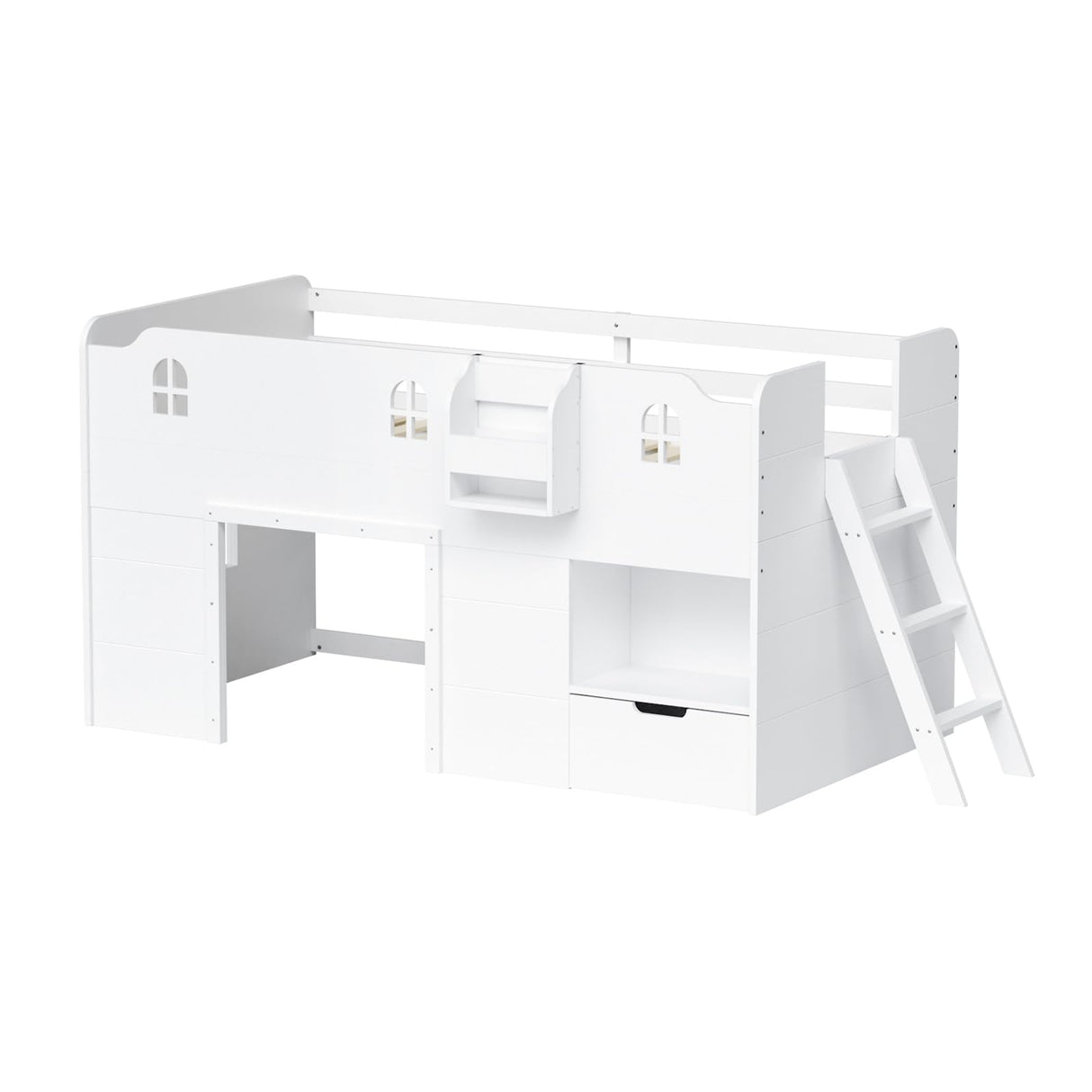 JOYMOR Loft Bed Twin Size with Led Light, Low Loft Bed with Storage Drawer, Modern Farmhouse Design with Castle Guardrail and Window, Book Rack, Smart APP Control, No Box Spring Needed (White) JOYMOR