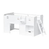 JOYMOR Loft Bed Twin Size with Led Light, Low Loft Bed with Storage Drawer, Modern Farmhouse Design with Castle Guardrail and Window, Book Rack, Smart APP Control, No Box Spring Needed (White) JOYMOR