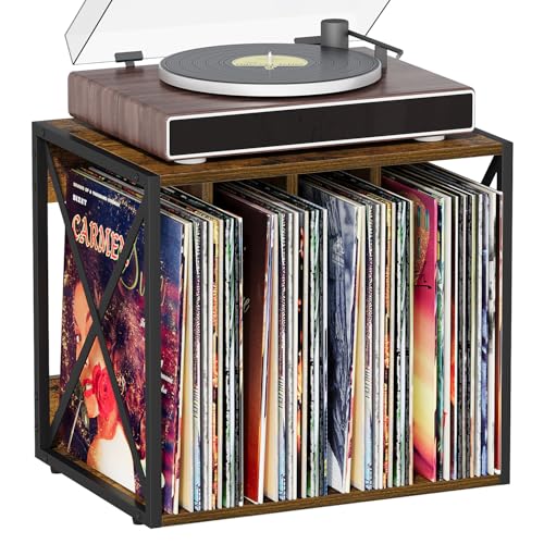 VYUOL Vinyl Record Storage,Vinyl Record Holder Up to 80-100 Albums,4-Compartment Record Player Stand for Magazine,Book,CD,Files,Albums VYUOL
