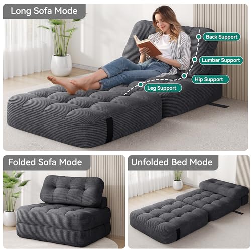YITAHOME Folding Sofa Bed, Convertible Sleeper Chair with Pillow Foldable Mattress with Back Support, Portable Fold Out Chair Bed Comfy Floor Sofa Lounge for Living Room Bedroom, Dark Grey YITAHOME