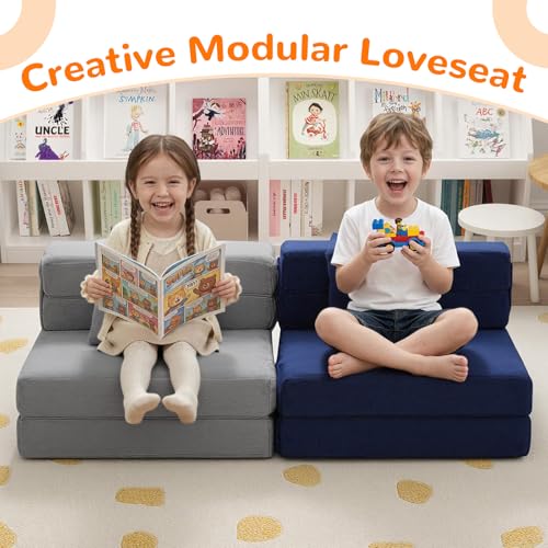 MeMoreCool Foldable Futon Chair Bed for Kids, Toddler Sofa Mattress, Convertible Foam Floor Couch, Tri-fold Sleeping Mattress (Navy) MeMoreCool