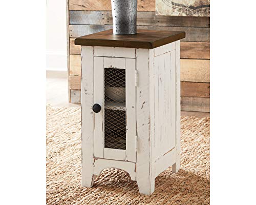 Signature Design by Ashley Wystfield Farmhouse Chair Side End Table with Cabinet Door for Storage, White & Brown with Distressed Finish - WoodArtSupply