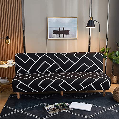 LiveGo Armless Futon Slipcovers Stretch Folding Sofa Bed Cover with Elastic Bottom, Printed Fitted Couch Cover Furniture Protector for Pets, Kids (Black & White) LiveGo