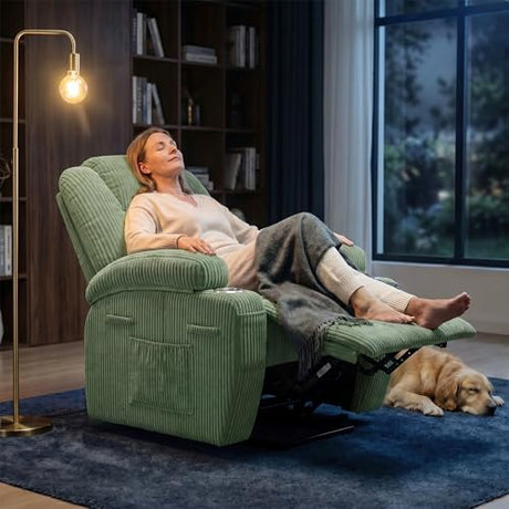 Flamaker Power Lift Chair Massage Recliner Chairs for Elderly, Corduroy Ergonomic Design with Cup Holders & Side Pockets, Remote Control (Green) Flamaker
