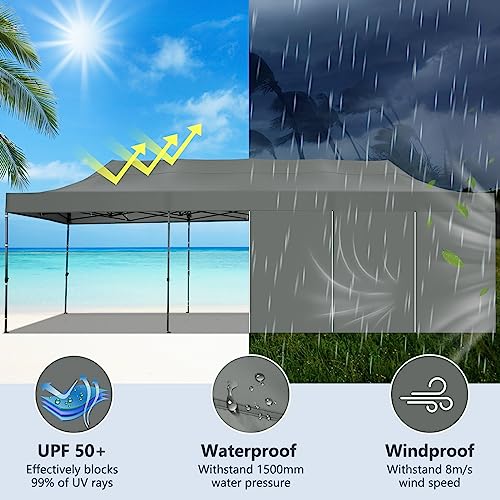 Tooluck 10x30 Pop up Heavy Duty Canopy with 8 sidewalls, Waterproof Commercial Pop up Party Tent Canopy,Outdoor Tents for Wedding Parties, 3 heigh Adjustable Gazebo with Wheeled Bag,Grey - WoodArtSupply