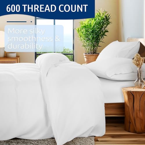Shilucheng 100% Cotton Queen Size Duvet Covers - 600 Thread Count, Luxury Sateen Weave Egyptian Cotton Comforter Cover with Zipper Closure & Corner Ties，Hotel Bedding Duvet Covers 3 Piece (White) Shilucheng