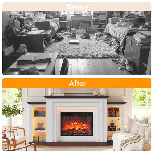 ENSTVER 72''Modern Electric Fireplace Mantel TV Stand,Large Entertainment Center with Open Storage Shelves for 80''TV, LED Ambient Lighting Fireplace TV Stand for Living Room ENSTVER