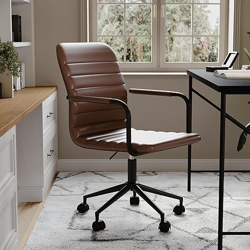 Martha Stewart Taytum Swivel Task Chair with Armrests for Home Office in Saddle Brown Faux Leather with Oil Rubbed Bronze Frame Martha Stewart