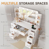 YESHOMY Vanity Desk with Large Lighted Mirror, Power Outlet and 11 Lights, Makeup Table with 7 Drawers and 3 Desktup Storage Units, 3 Color Modes Available for Bedroom, White YESHOMY