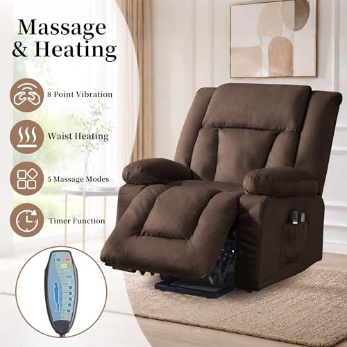 Korser Power Lift Recliner Chair for Elderly with Massage and Heat, Oversized Electric Recliner with Side Pockets, Living Room, Waffle, Brown