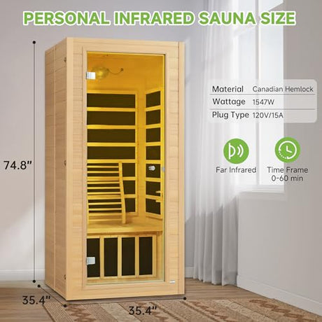 Real Relax Far Infrared Sauna for Home, 1 Person Indoor Home Sauna Low Emf, Canadian Hemlock Wooden Dry Saunas Room with Bluetooth Speakers, 9-Color Light Therapy, 1574w/110v for Personal Spa Real Relax