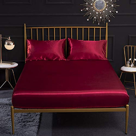 Fitted Sheet Full XL Burgundy - Satin Silk Soft And Comfortable - Wrinkle, Fade, Stain Resistant - 18" Deep Pocket - 1 Single Fitted Bottom Sheet Only - Easy Care (Full XL, Burgundy) Good Night Bedding