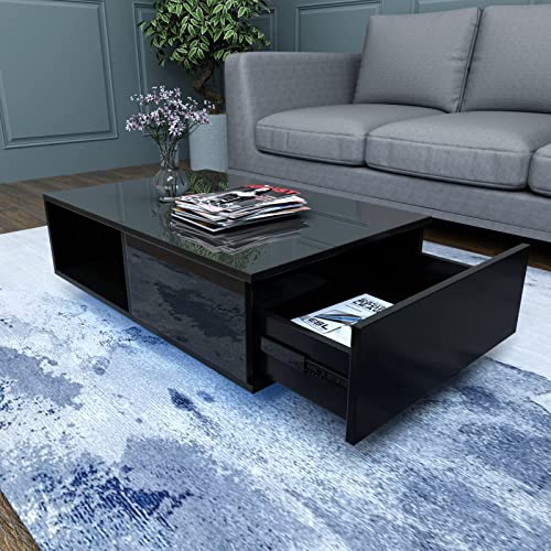 COSVALVE High Gloss LED Coffee Table with Drawer & 16 Colors LED Lights, Modern Living Room Coffee Table with Storage Space, Rectangle Sofa Side Central Table, Black (AA Battery) - WoodArtSupply