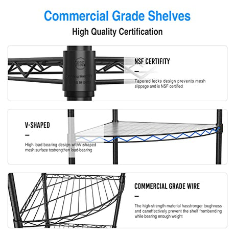 NSF 6-Tier Metal Corner Shelf Wire Shelving Unit - 420 lbs Capacity, Adjustable, with leveling feet & Waterproof Shelf Liners - Ideal for Garage, Kitchen, and More - 72" H x 18" L x 18" D - Black pouseayar