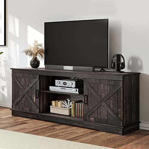 YITAHOME TV Console for 65 Inch TV, Farmhouse TV Stand with Double Barn Doors and Storage Cabinets, Mid Century Modern Media Console Table TV Cabinet for Living Room, 59 Inches, Dark Oak - WoodArtSupply