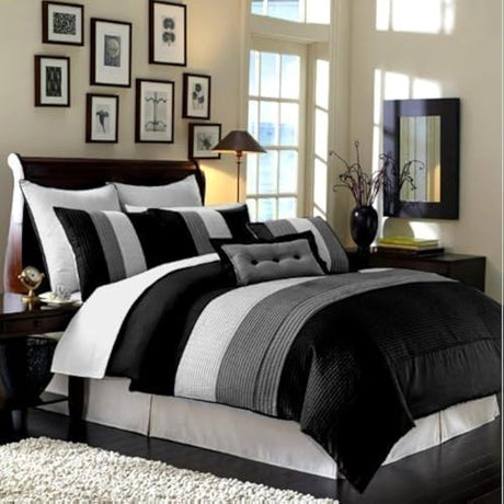 Chezmoi Collection Loft 8-Piece Luxury Striped Comforter Set (Queen, Black/Gray/White) Chezmoi Collection