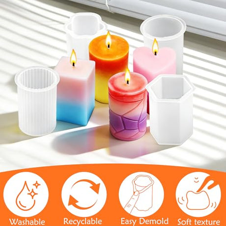 8PCS Reusable Silicone Candle Molds Set - Cylinder/Hexagon/Octagonal/Heart/Flower/Square Shapes for DIY Candle Making, Soap, Resin Crafts, Easy Release Candle Making Kit (8, Cylinder & Hexagon) QCCTPUU