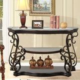 Goujxcy Elegant Retro Console Table, 3-Tier Traditional Rectangle Sofa Table with Tempered Glass Top, Mid-Marble Shelf, Vintage Accent Entryway Table for Living Room Hallway, Easy Assembly Goujxcy