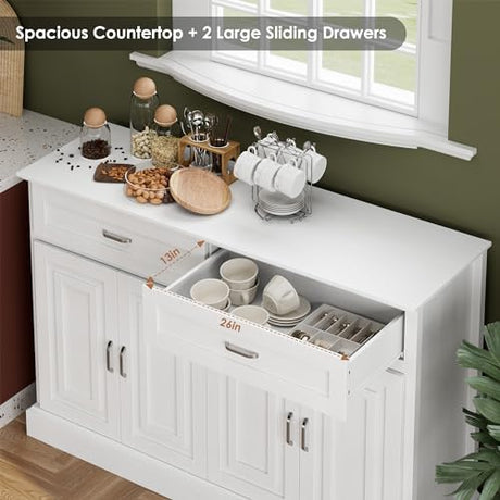 FACBOTALL Sideboard Buffet Cabinet with Storage, 55.1" Large Kitchen Storage Cabinet with 2 Drawers and 4 Doors, Farmhouse Coffee Bar for Kitchen Dining Room, White FACBOTALL