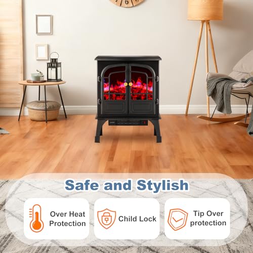 DUMOS Electric Fireplace Heater, 26" Freestanding Two Door Electric Fireplace Stove with 3D Flame Effect & Remote Control, Modern Stove for Home with Safety Features, Adjustable Heat & Timer, Charcoal DUMOS