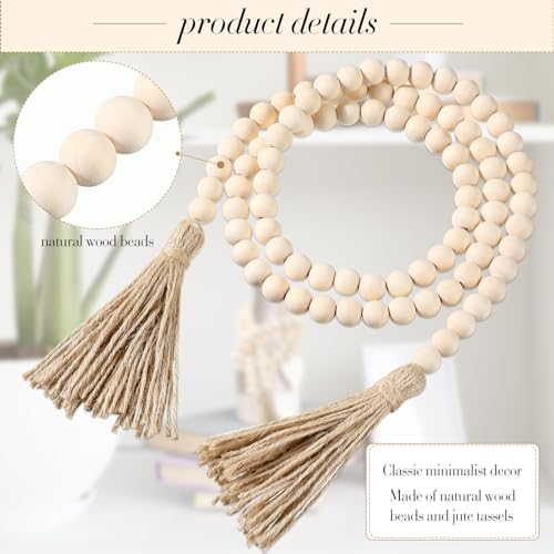 Geetery 6 Pcs Beads 58'' Wood Bead Garland with Tassels Rustic Country Decor Prayer Boho Beads Big Wall Hanging Decor Farmhouse Beads Versatile Prayer Beads for Home Wall Table Decor (White)