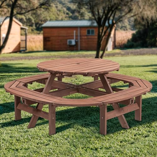 10-12 Person Picnic Table Round Outdoor Dining Table with Umbrella Hole,1 Built-in Ring Stool,Wooden Outside Picnic Tables and Bench Set for Garden,Patio, Backyard,2500LBS Total Capacity,Walnut Brown Pvillez