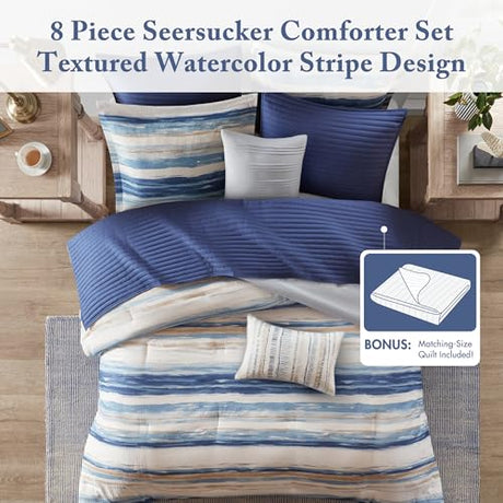 Madison Park Marina Comforter Quilt Combo Set - Modern Luxury Design, All Season Down Alternative Bedding, Matching Shams, Decorative Pillows, King/Cal King(104"x92") Seersucker Blue 8 Piece Madison Park