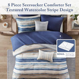 Madison Park Marina Comforter Quilt Combo Set - Modern Luxury Design, All Season Down Alternative Bedding, Matching Shams, Decorative Pillows, Full/Queen(90"x90"), Seersucker Blue 8 Piece Madison Park