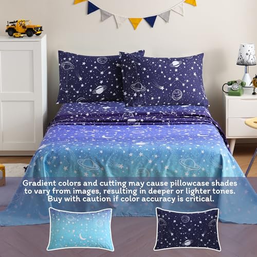 JSD Gradient Blue Moon Stars Kids Sheet Set Twin Size, 3 Piece Space Theme Microfiber Sheets Deep Pocket JSD