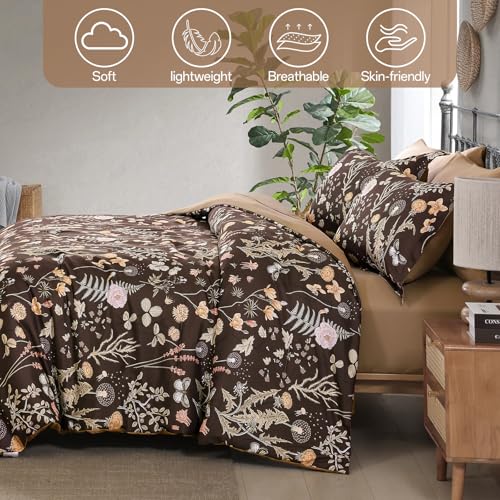Yiran Brown Comforter Set Queen Size, 7 Piece Floral Comforter Bedding Set, Farmhouse Bed in a Bag, Soft Microfiber Complete Bedding Set with Sheets for All Season