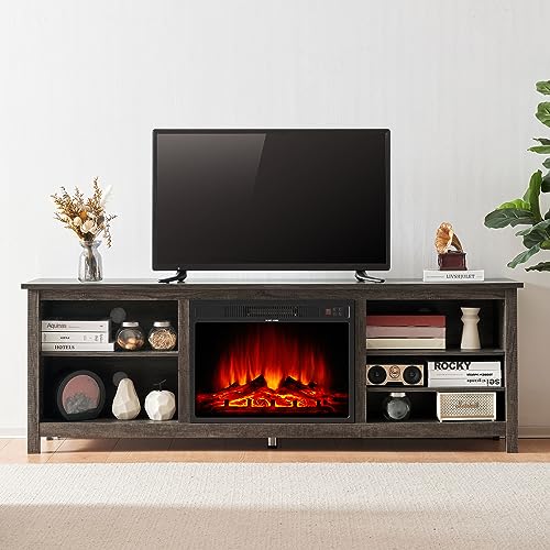 AMERLIFE Fireplace TV Stand, Wood Texture Entertainment Center with 23" Electric Fireplace, Farmhouse Entertainment Stand Media TV Console for TVs Up to 80", 70 inches, Rustic Grey