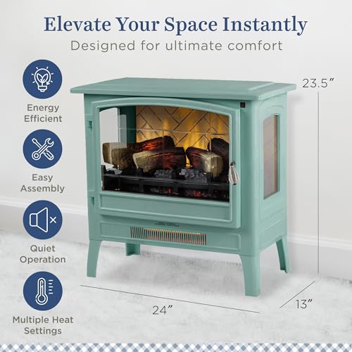 Country Living Infrared Freestanding Electric Fireplace Stove Heater in Mineral Blue | Multiple Flame Colors, Metal Design with Faux Wooden Logs | Alexa/WiFi Enabled, Remote Control Country Living
