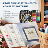 100 PCS Complete Embroidery Stitch Book Kit with Includes Step-by-Step Instructions, Hoops, Threads, Needles & Fabric, All-in-One Portable Starter Set for Adult Beginners & DIY Craft Enthusiasts