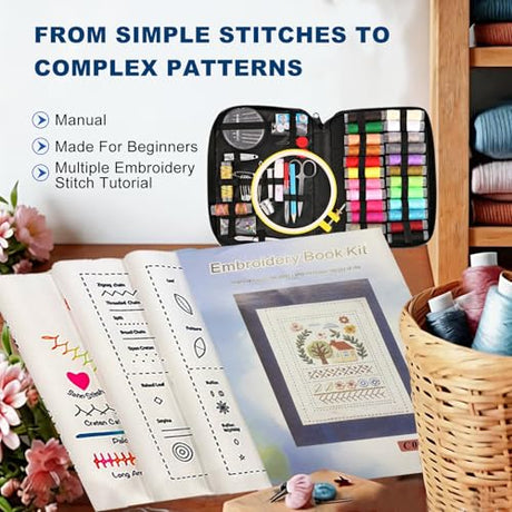 100 PCS Complete Embroidery Stitch Book Kit with Includes Step-by-Step Instructions, Hoops, Threads, Needles & Fabric, All-in-One Portable Starter Set for Adult Beginners & DIY Craft Enthusiasts Losaria