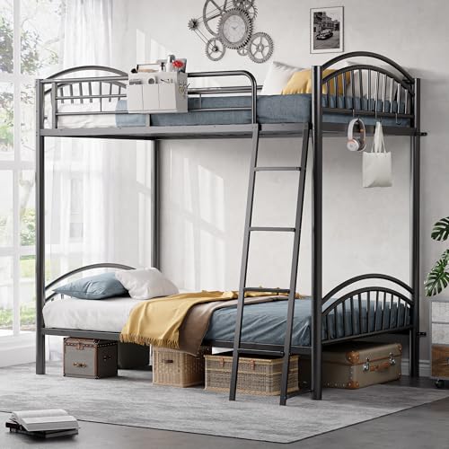 Decofy Twin Bunk Beds Twin Over Twin Industrial Bunkbeds Heavy Duty Metal Bunk Bed with Bedside Caddy, Convertible Ladder&Flat Rungs, Space Saving Bunkbed Frame for Bedroom Dorm, No Box Spring Needed Decofy