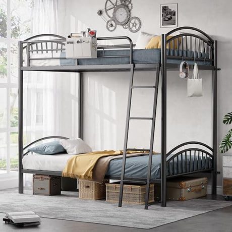 Decofy Twin Bunk Beds Twin Over Twin Industrial Bunkbeds Heavy Duty Metal Bunk Bed with Bedside Caddy, Convertible Ladder&Flat Rungs, Space Saving Bunkbed Frame for Bedroom Dorm, No Box Spring Needed Decofy
