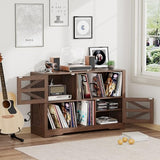 VAXZOFI Large Record Player Stand with Vinyl Storage, 500+ Vinyl Record Storage Cabinet, 47 Inch Record Player Table with Power Outlet, Farmhouse Wooden Turntable Stand for Living Room, Walnut VAXZOFI