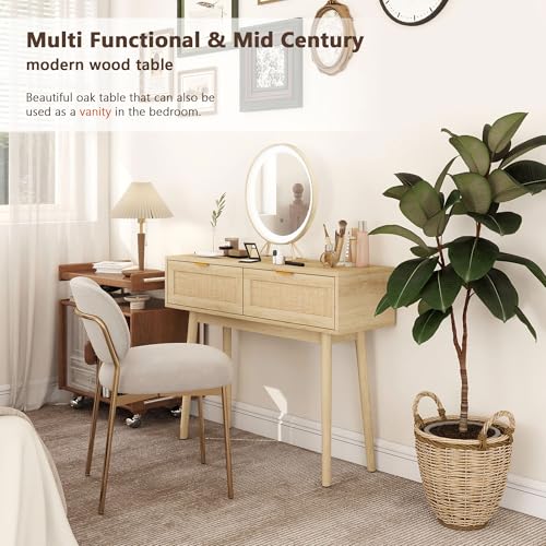 YMBSBUY Rattan Console Table with 2 Drawer, Boho Narrow Sofa Table Entryway Table, Wood Skinny Farmhouse Vanity Desk, Long Small Entry Table for Hallway, Entrance, Living Room, Bedroom, 40 inch, Oak YMBSBUY
