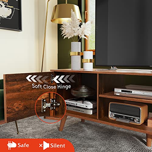 WLIVE TV Stand for 55 60 inch TV, Mid Century Modern TV Console, Entertainment Center with Storage for Living Room, Retro Brown WLIVE