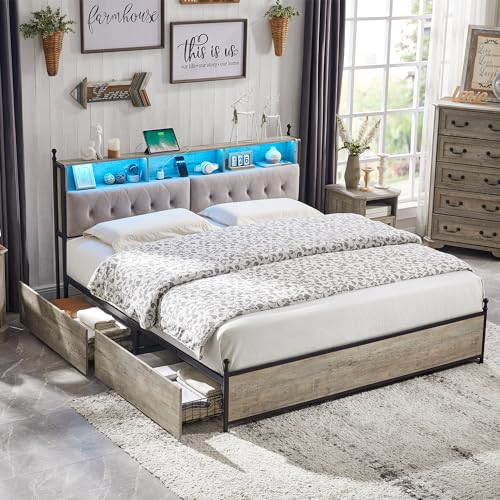 Light Rustic Oak King Size Bed Frame with Upholstered Headboard and Storage Solutions - WoodArtSupply