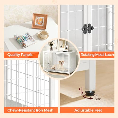 MAHANCRIS Dog Crate Furniture with Cushion, Wooden Dog Kennel with Double Doors, Heavy Duty Dog Cage for Small/Medium/Large Dogs, Indoor Dog House End Table, 39.4" L, White DCBW10701 MAHANCRIS