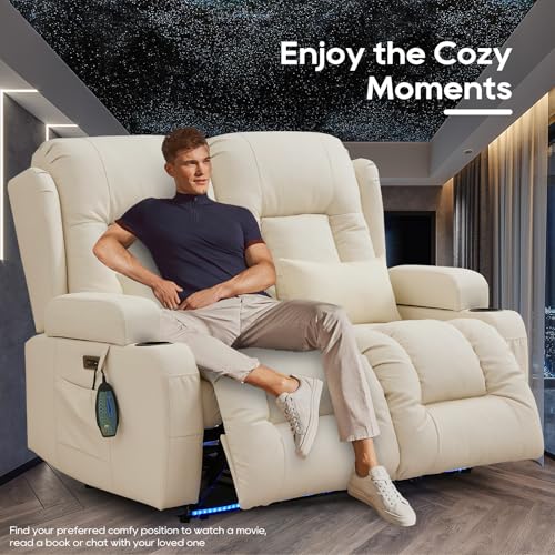 IPKIG Power Loveseat Recliner Sofa, Wall Hugger Reclining Chair with LED Lights, Side Pockets, Cup Holders, Massage & Heating, RV Recliners Couch Dual Sofa Reclinable, White
