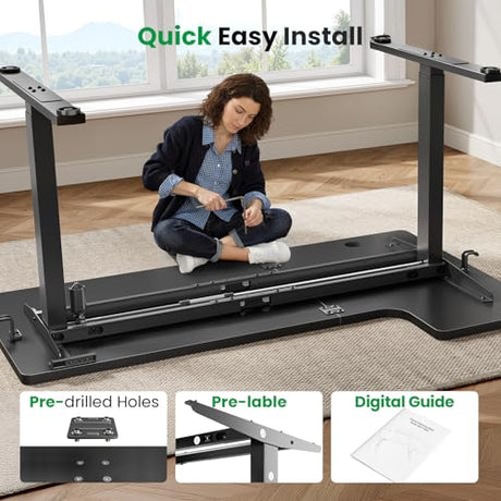 DeskShow L-Shaped Standing Desk - 63 Inch Adjustable Corner Standing Desk with Flexible Monitor Stand, Electric Sit Stand Computer Table with Memory Controller for Home Office DeskShow
