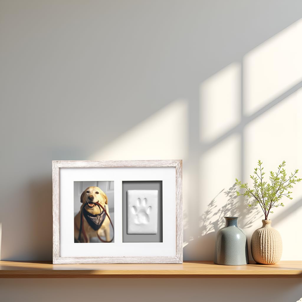 Pearhead Pet Pawprints Wall Picture Frame and Clay Impression Kit - DIY Clay Paw Print, Memorial Keepsake Frame for Cat and Dog, Ideal Home Decor Gift for Pet Owners, 4x6 Photo, Distressed White Pearhead